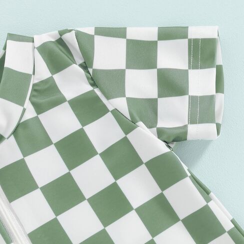 Infant Baby Boy Girl One Piece Swimsuit Short Sleeve Checkerboard Print Zipper Jumpsuit Sun Protection Bathing Suits in Saudi Arabia