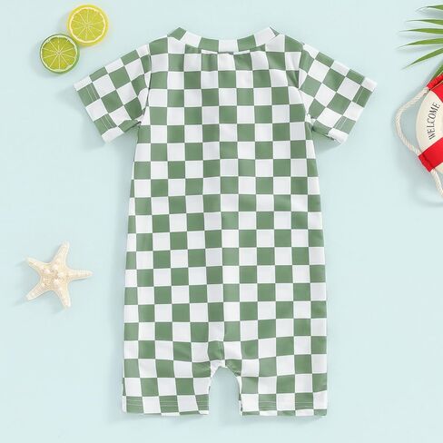 Infant Baby Boy Girl One Piece Swimsuit Short Sleeve Checkerboard Print Zipper Jumpsuit Sun Protection Bathing Suits in Saudi Arabia