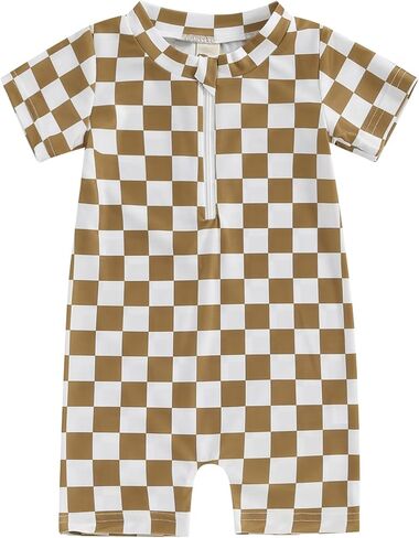 Infant Baby Boy Girl One Piece Swimsuit Short Sleeve Checkerboard Print Zipper Jumpsuit Sun Protection Bathing Suits in Saudi Arabia