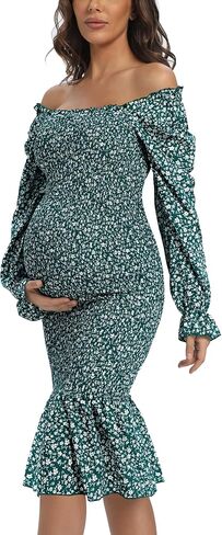 Spring Long Puff Sleeve Maternity Dress Floral Ruffle Hem Mermaid Baby Shower/Photoshoot Dress in Saudi Arabia