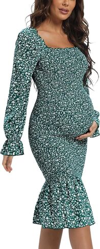 Spring Long Puff Sleeve Maternity Dress Floral Ruffle Hem Mermaid Baby Shower/Photoshoot Dress in Saudi Arabia