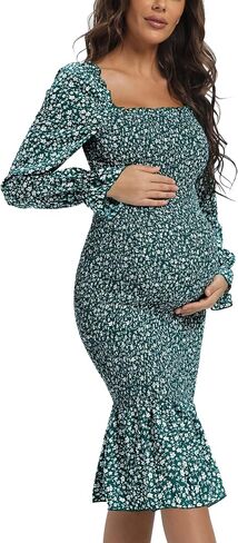 Spring Long Puff Sleeve Maternity Dress Floral Ruffle Hem Mermaid Baby Shower/Photoshoot Dress in Saudi Arabia