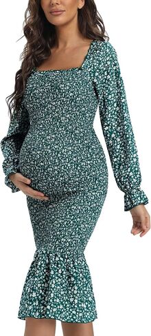 Spring Long Puff Sleeve Maternity Dress Floral Ruffle Hem Mermaid Baby Shower/Photoshoot Dress in Saudi Arabia