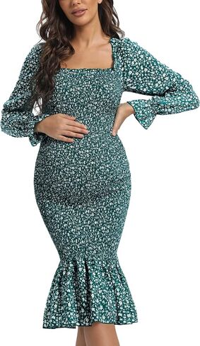 Spring Long Puff Sleeve Maternity Dress Floral Ruffle Hem Mermaid Baby Shower/Photoshoot Dress in Saudi Arabia