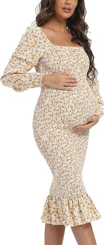 Maternity Summer Floral Midi Bodycon Dresses, Long Puff Sleeve Square Neck Ruffle Hem Mermaid Baby Shower Dress in Saudi Arabia