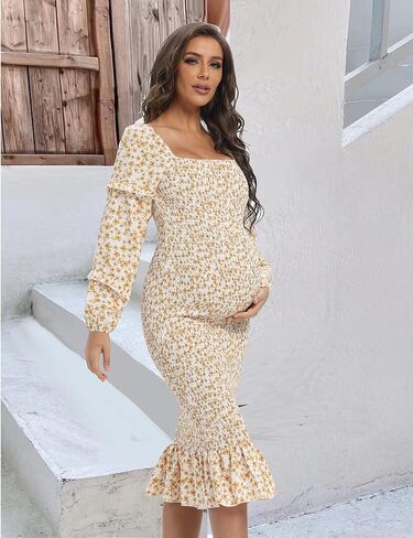 Maternity Summer Floral Midi Bodycon Dresses, Long Puff Sleeve Square Neck Ruffle Hem Mermaid Baby Shower Dress in Saudi Arabia