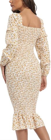 Maternity Summer Floral Midi Bodycon Dresses, Long Puff Sleeve Square Neck Ruffle Hem Mermaid Baby Shower Dress in Saudi Arabia