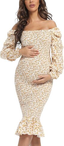 Maternity Summer Floral Midi Bodycon Dresses, Long Puff Sleeve Square Neck Ruffle Hem Mermaid Baby Shower Dress in Saudi Arabia