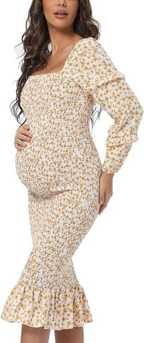 Maternity Summer Floral Midi Bodycon Dresses, Long Puff Sleeve Square Neck Ruffle Hem Mermaid Baby Shower Dress in Saudi Arabia