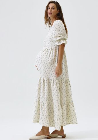 لا شيء يناسب ولكن فستان حمل نسائي من القطن 100% من كيت، فستان حمل طويل كاجوال مزين بالزهور لحفلات استقبال المولود الجديد in Kuwait