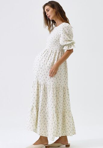 لا شيء يناسب ولكن فستان حمل نسائي من القطن 100% من كيت، فستان حمل طويل كاجوال مزين بالزهور لحفلات استقبال المولود الجديد in Kuwait