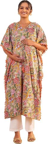 Janasya Maternity Beige Cotton Printed Kaftan Kurta in Saudi Arabia