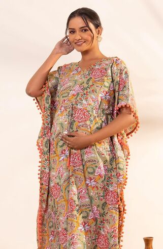 Janasya Maternity Beige Cotton Printed Kaftan Kurta in Saudi Arabia