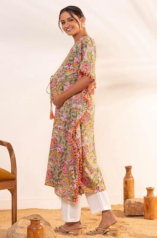 Janasya Maternity Beige Cotton Printed Kaftan Kurta in Saudi Arabia