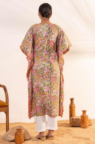 Janasya Maternity Beige Cotton Printed Kaftan Kurta in Saudi Arabia