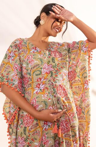 Janasya Maternity Beige Cotton Printed Kaftan Kurta in Saudi Arabia