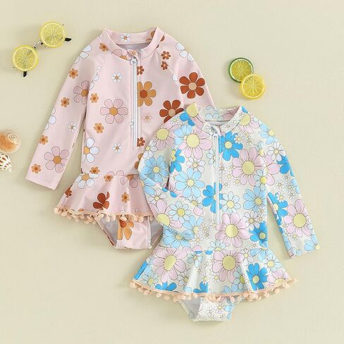 Infant Baby Girl One Piece Rash Guard Ruffle Swimsuit Sun Protection Half Zipper Bathing Suit Beach Swimwear Sunsuit in Saudi Arabia