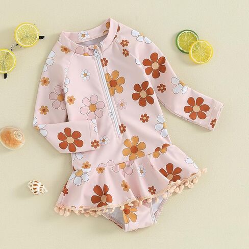 Infant Baby Girl One Piece Rash Guard Ruffle Swimsuit Sun Protection Half Zipper Bathing Suit Beach Swimwear Sunsuit in Saudi Arabia