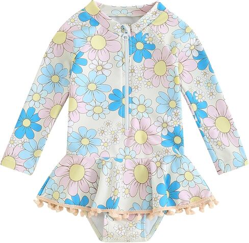 Infant Baby Girl One Piece Rash Guard Ruffle Swimsuit Sun Protection Half Zipper Bathing Suit Beach Swimwear Sunsuit in Kuwait