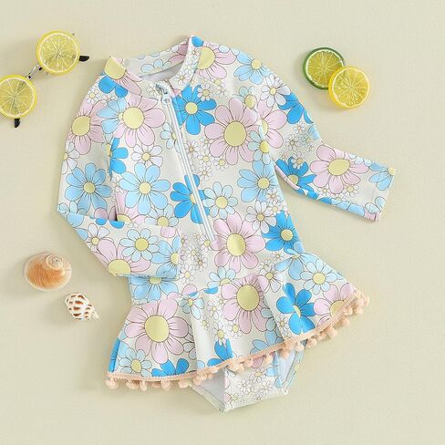 Infant Baby Girl One Piece Rash Guard Ruffle Swimsuit Sun Protection Half Zipper Bathing Suit Beach Swimwear Sunsuit in Kuwait