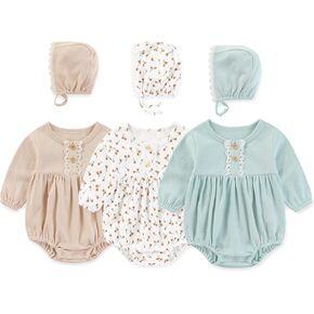 Newborn Baby Girl Clothes Cotton Bubble Rompers Infant Outfit Floral Long Sleeve Bodysuit, 3 Pack in Kuwait