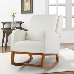 LSSBOUGHT Fuzzy Rocking Chair Nursery Teddy Fabric Comfy Glider Rocker Recliner for Lounge Living Room Bedroom Cozy Armchair with High Back Wingback Pillow and Wood Legs in Saudi Arabia