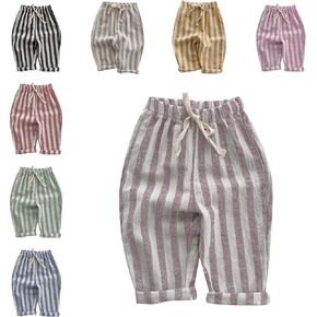 Boys' Cotton Linen Harem Bloomers Pants Elastic Waist Jogger Pants Kids Casual Striped Trousers Infant Long Sweatpants in Saudi Arabia
