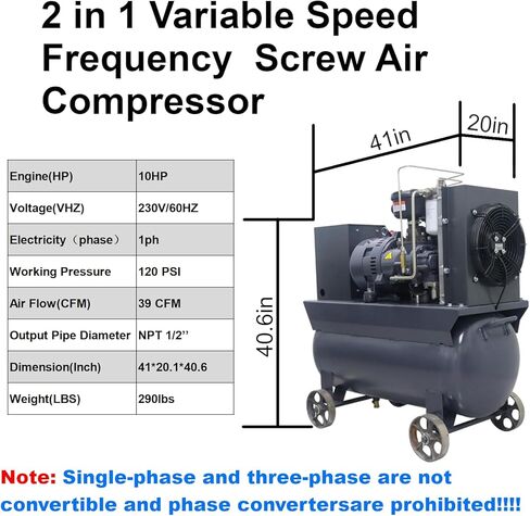 10hp/7.5kw متغير السرعة تردد ضاغط المسمار المسمار مع دبابة وعجلات 30 جالون ، 230 فولت/60 هرتز/مرحلة واحدة/38cfm@116psi اثنين في ضاغط الهواء المنقول واحد in Kuwait
