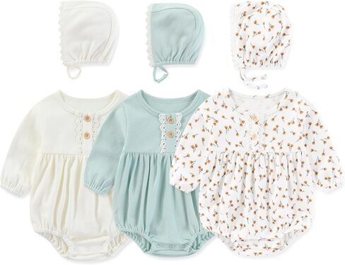 MAMIMAKA Newborn Baby Girl Clothes Cotton Bubble Rompers Infant Outfit Floral Long Sleeve Bodysuit, 3 Pack in Saudi Arabia