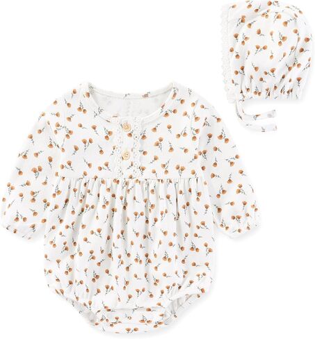 Newborn Baby Girl Clothes Cotton Bubble Rompers Infant Outfit Floral Long Sleeve Bodysuit, 3 Pack in Kuwait
