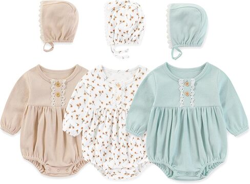 Newborn Baby Girl Clothes Cotton Bubble Rompers Infant Outfit Floral Long Sleeve Bodysuit, 3 Pack in Kuwait