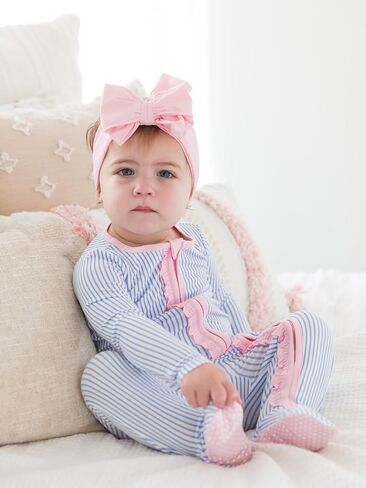 Rufflebutts Perewinkle & White Micro Stripe Shuffle One Piece Pajamas - 12-18m in Saudi Arabia