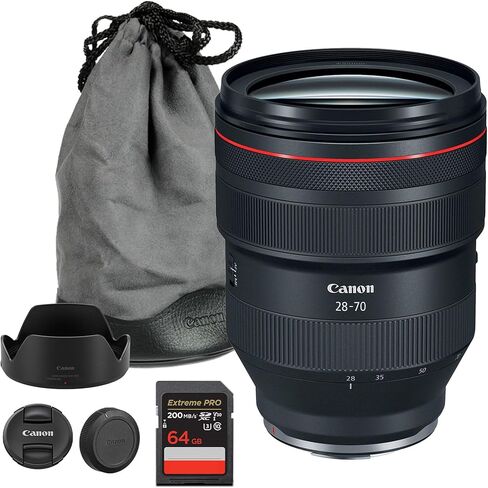 عدسة Canon RF 28-70mm f/2 L USM-تكبير قياسي فائق السرعة مع فتحة f/2 للصورة والزفاف والتصوير الفوتوغرافي المنخفض (2965C002) + بطاقة ذاكرة 64 جيجابايت in Kuwait