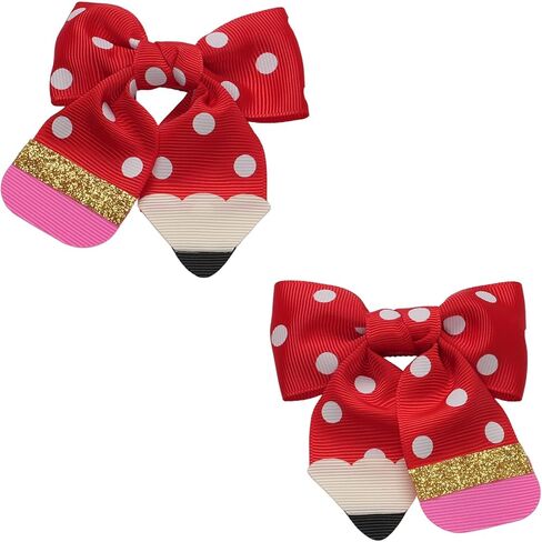 Pink Polka Dot Hair Bow for School Girls - Pency Pency على شكل قلم رصاص مقطع شريط الشريط - ملحق الشعر صور للطلاب والمعلمين - قفل معدني آمن - 3.9 بوصة in Saudi Arabia