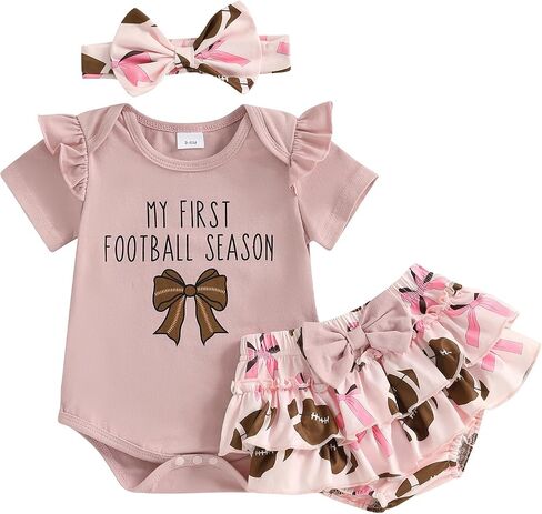 Baby Girl Football Outfit Game Day Bow Romper Rugby Layered Bloomers Shorts Boutique Summer Clothes+Headband in Saudi Arabia