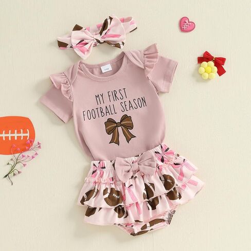 Baby Girl Football Outfit Game Day Bow Romper Rugby Layered Bloomers Shorts Boutique Summer Clothes+Headband in Saudi Arabia
