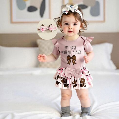 Baby Girl Football Outfit Game Day Bow Romper Rugby Layered Bloomers Shorts Boutique Summer Clothes+Headband in Saudi Arabia
