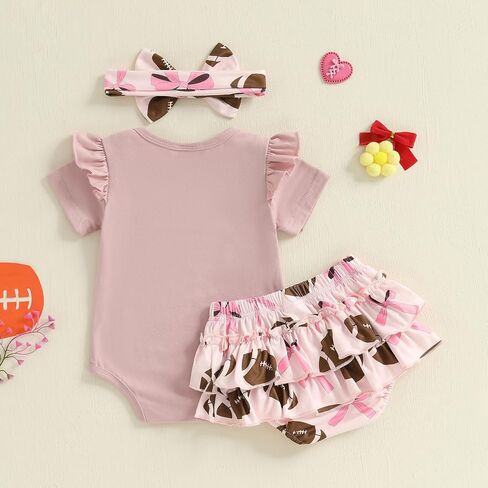 Baby Girl Football Outfit Game Day Bow Romper Rugby Layered Bloomers Shorts Boutique Summer Clothes+Headband in Saudi Arabia