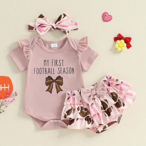 Baby Girl Football Outfit Game Day Bow Romper Rugby Layered Bloomers Shorts Boutique Summer Clothes+Headband in Saudi Arabia