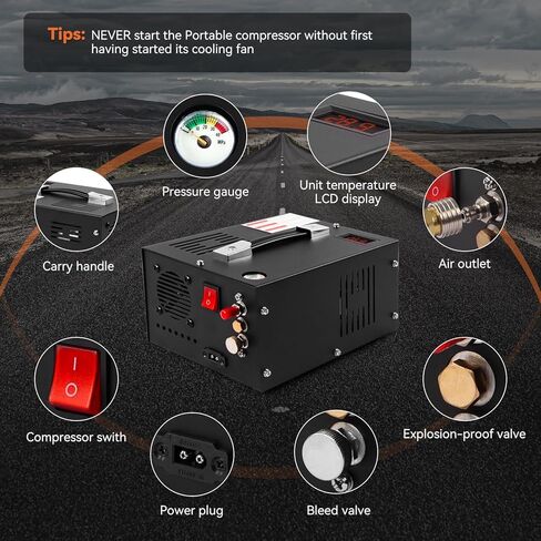 ضاغط الهواء 350W PCP ، 4500psi/30mpa ، 12 فولت DC و 110 فولت AC ، صمام أمان القرص الخالي من الزيت/الماء ، مروحة التبريد المدمجة للبندقية الهوائية ، كرة الطلاء ، خزان SCUBA in Kuwait