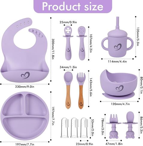 Silicone Baby Feeding Set Essentials,13 Pcs,Baby Led Weaning Supplies, Baby Spoons Suction Bowl Divided Plate Bib Cup Finger Brush,First Stage Solid Food Eating Utensils - 6 Months + (Purple) in Saudi Arabia