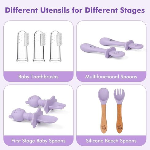 Silicone Baby Feeding Set Essentials,13 Pcs,Baby Led Weaning Supplies, Baby Spoons Suction Bowl Divided Plate Bib Cup Finger Brush,First Stage Solid Food Eating Utensils - 6 Months + (Purple) in Saudi Arabia