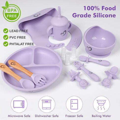 Silicone Baby Feeding Set Essentials,13 Pcs,Baby Led Weaning Supplies, Baby Spoons Suction Bowl Divided Plate Bib Cup Finger Brush,First Stage Solid Food Eating Utensils - 6 Months + (Purple) in Saudi Arabia