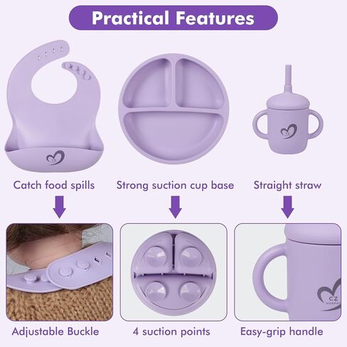 Silicone Baby Feeding Set Essentials,13 Pcs,Baby Led Weaning Supplies, Baby Spoons Suction Bowl Divided Plate Bib Cup Finger Brush,First Stage Solid Food Eating Utensils - 6 Months + (Purple) in Saudi Arabia