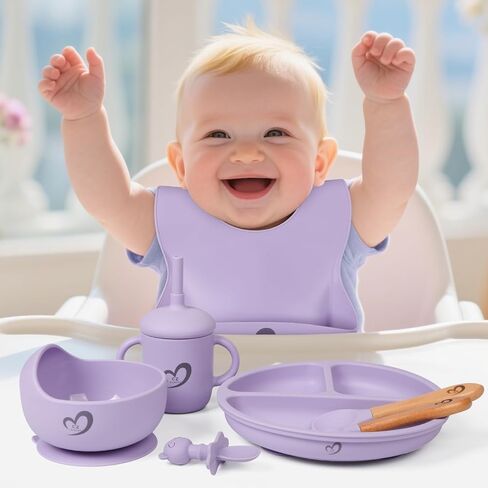 Silicone Baby Feeding Set Essentials,13 Pcs,Baby Led Weaning Supplies, Baby Spoons Suction Bowl Divided Plate Bib Cup Finger Brush,First Stage Solid Food Eating Utensils - 6 Months + (Purple) in Saudi Arabia