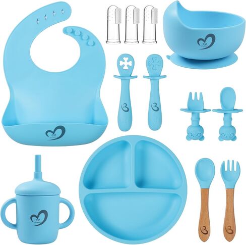 Silicone Baby Feeding Set Essentials,13 Pcs,Baby Led Weaning Supplies, Baby Spoons Suction Bowl Divided Plate Bib Cup Finger Brush,First Stage Solid Food Eating Utensils - 6 Months + (Purple) in Saudi Arabia