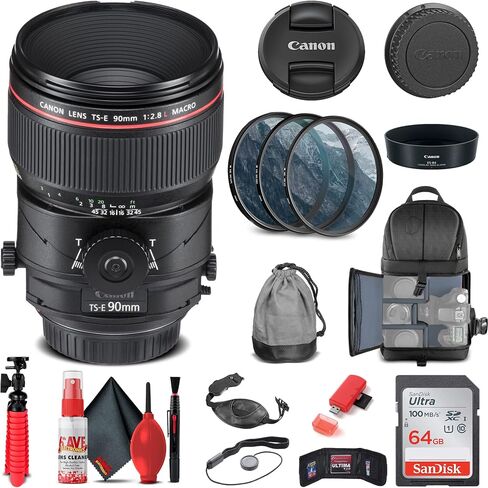 Canon TS-E 90mm f/2.8L Macro Tilt-Shift Lens (2274C002) + Filter Kit + Backpack + 64GB Card + Card Reader + Flex Tripod + Memory Wallet + Cap Keeper + Cleaning Kit + Hand Strap + More (Renewed) in Saudi Arabia