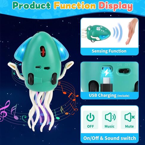 USB Rechargeable Dancing Octopus Baby Toy - Electric Crawling & Tummy Time Toy, Magical Musical Squid, Stress-Relief Desk Decor - Birthday for Kids Ages 1 2 3 4 5 6, Boys (Green) in Kuwait