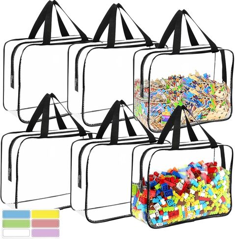 6 Packs Large Toy Storage Bags with Labels, Reusable Clear PVC Board Game Storage, Travel Waterproof Organizer Bags with Zipper for Building Blocks, Puzzle, Kids Books in Kuwait