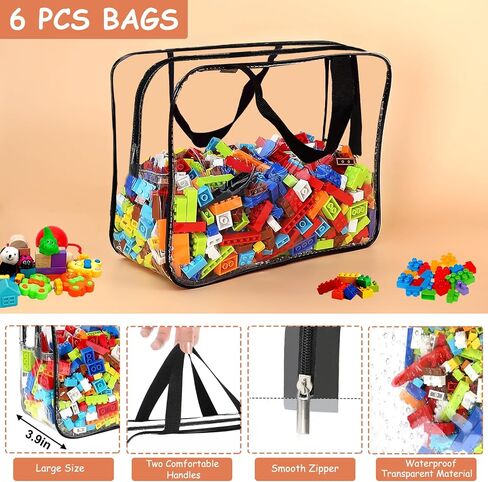 6 Packs Large Toy Storage Bags with Labels, Reusable Clear PVC Board Game Storage, Travel Waterproof Organizer Bags with Zipper for Building Blocks, Puzzle, Kids Books in Kuwait